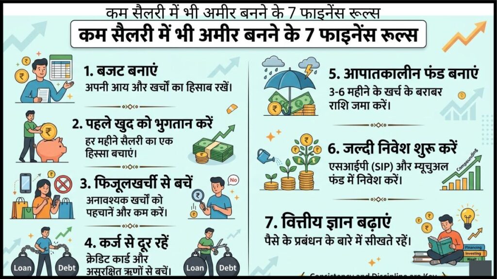 कम सैलरी में भी अमीर बनने के 7 फाइनेंस रूल्स